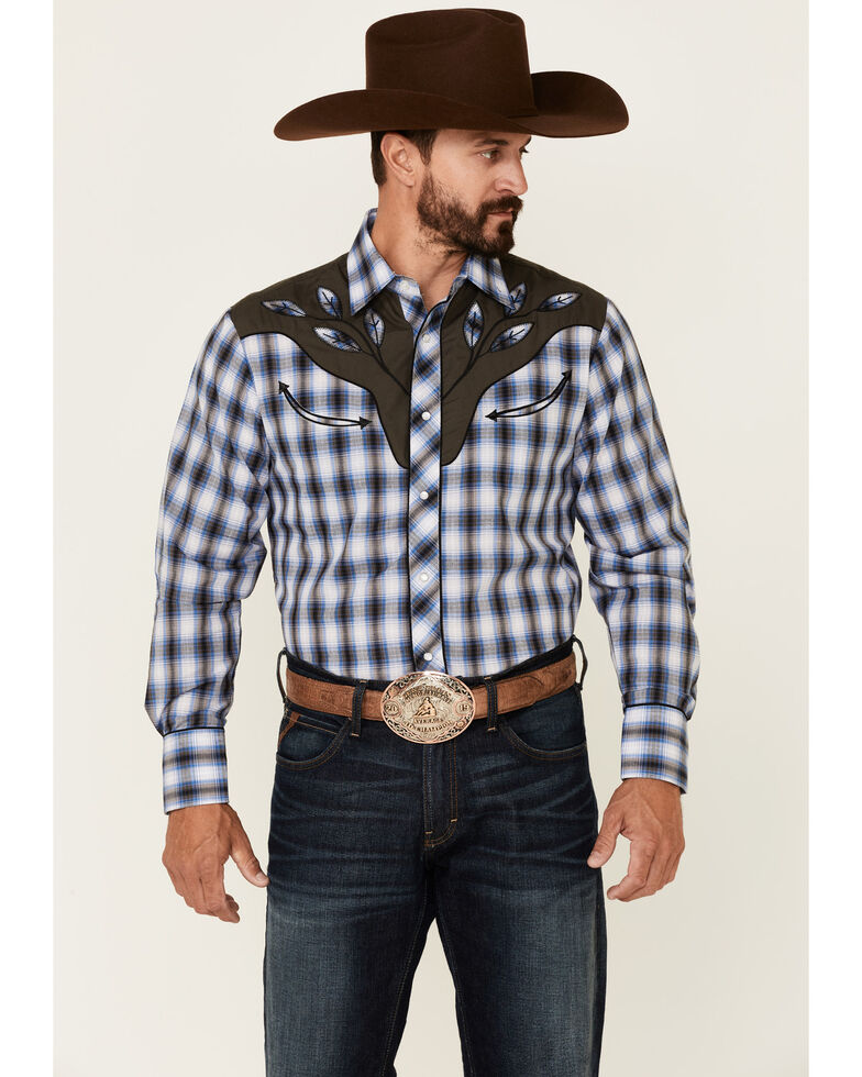 Roper Men's Blue Fancy Applique Plaid Long Sleeve Snap Western Shirt , Blue, hi-res