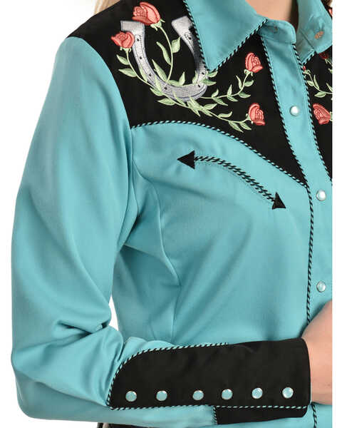 Scully Women's Horseshoe Embroidered Retro Western Shirt, Turquoise, hi-res