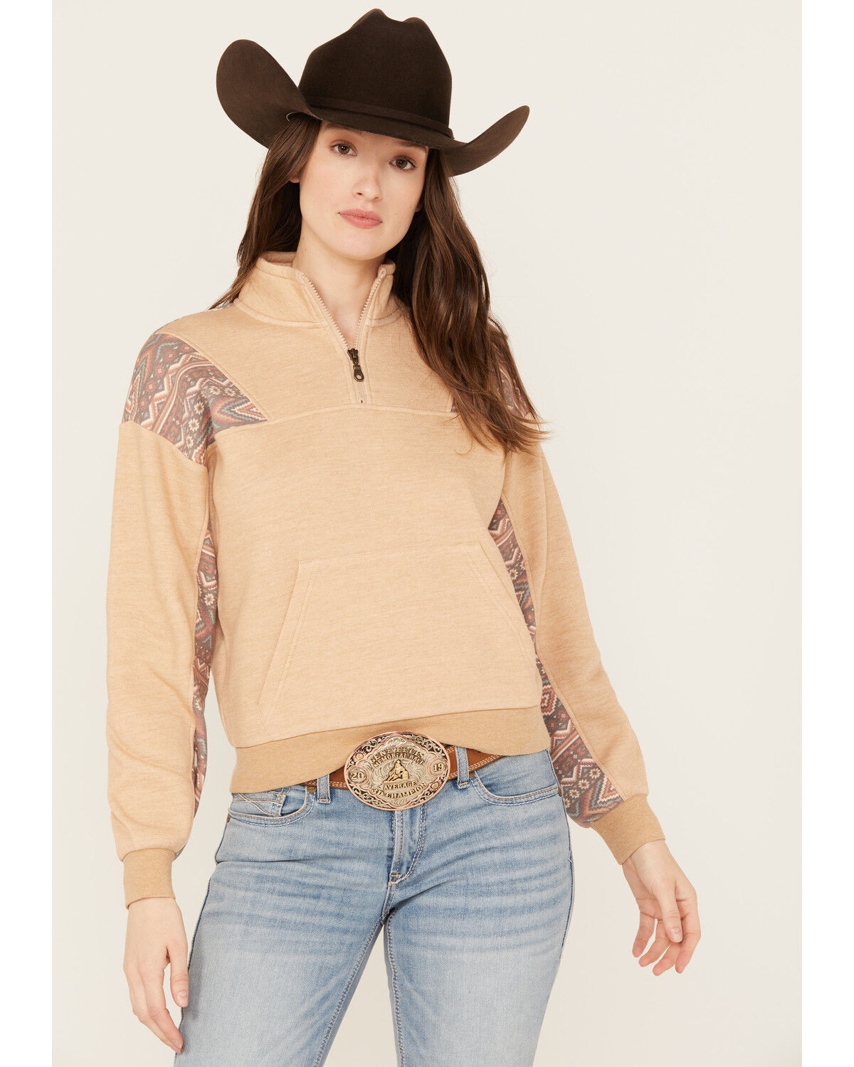 Image #1 - Shyanne Women's Southwestern Print 1/2 Zip Pullover, Oatmeal, hi-res