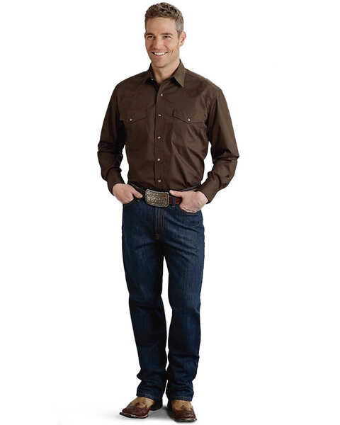Image #2 - Roper Men's Amarillo Collection Solid Long Sleeve Western Shirt, Brown, hi-res