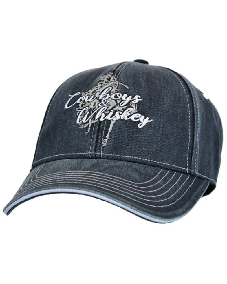 Cowgirl Hardware Women's Denim Cowboys & Whiskey Embroidered Ball Cap , Black, hi-res