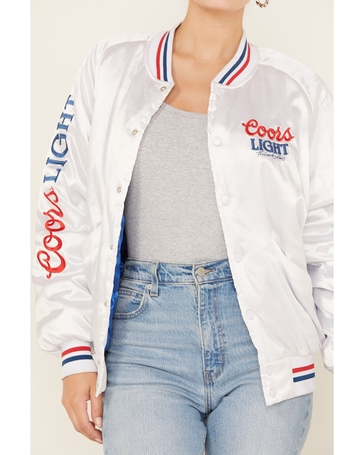 Image #3 - The Laundry Room Women's Faux Satin Coors Light Bomber Jacket, White, hi-res