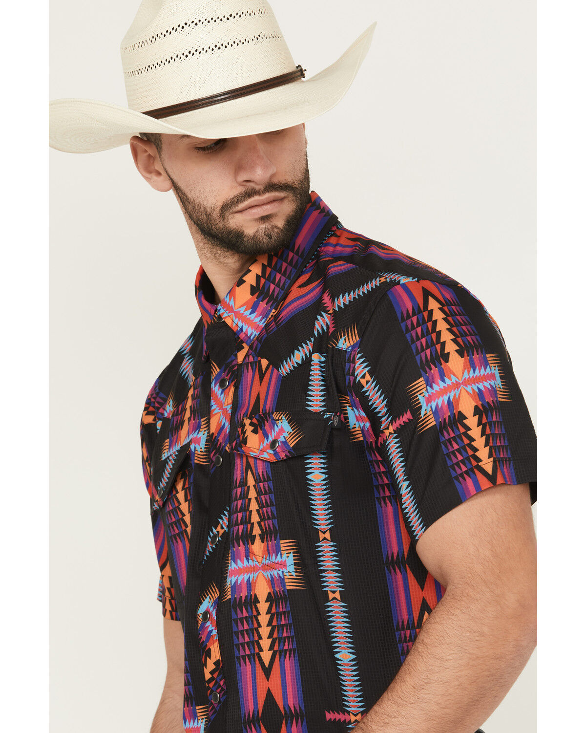 Image #2 - Rock & Roll Denim Men's Boot Barn Exclusive TEK Southwestern Striped Short Sleeve Snap Shirt, Black, hi-res