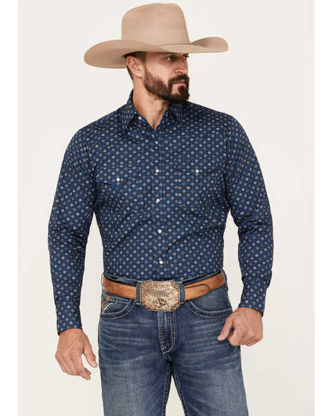 Ely Walker Men's Geo Print Long Sleeve Pearl Snap Western Shirt, Navy, hi-res