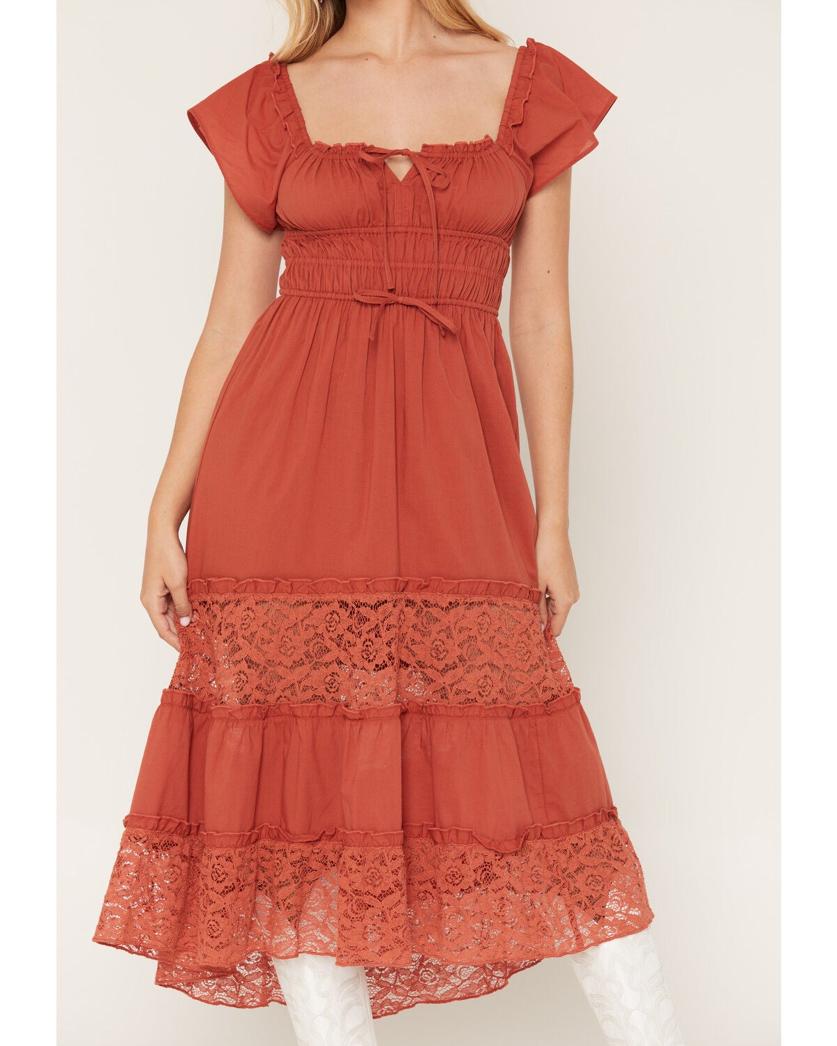 Image #3 - Rosabelle Honey Women's Solid Lace Short Sleeve Midi Dress, Rust Copper, hi-res