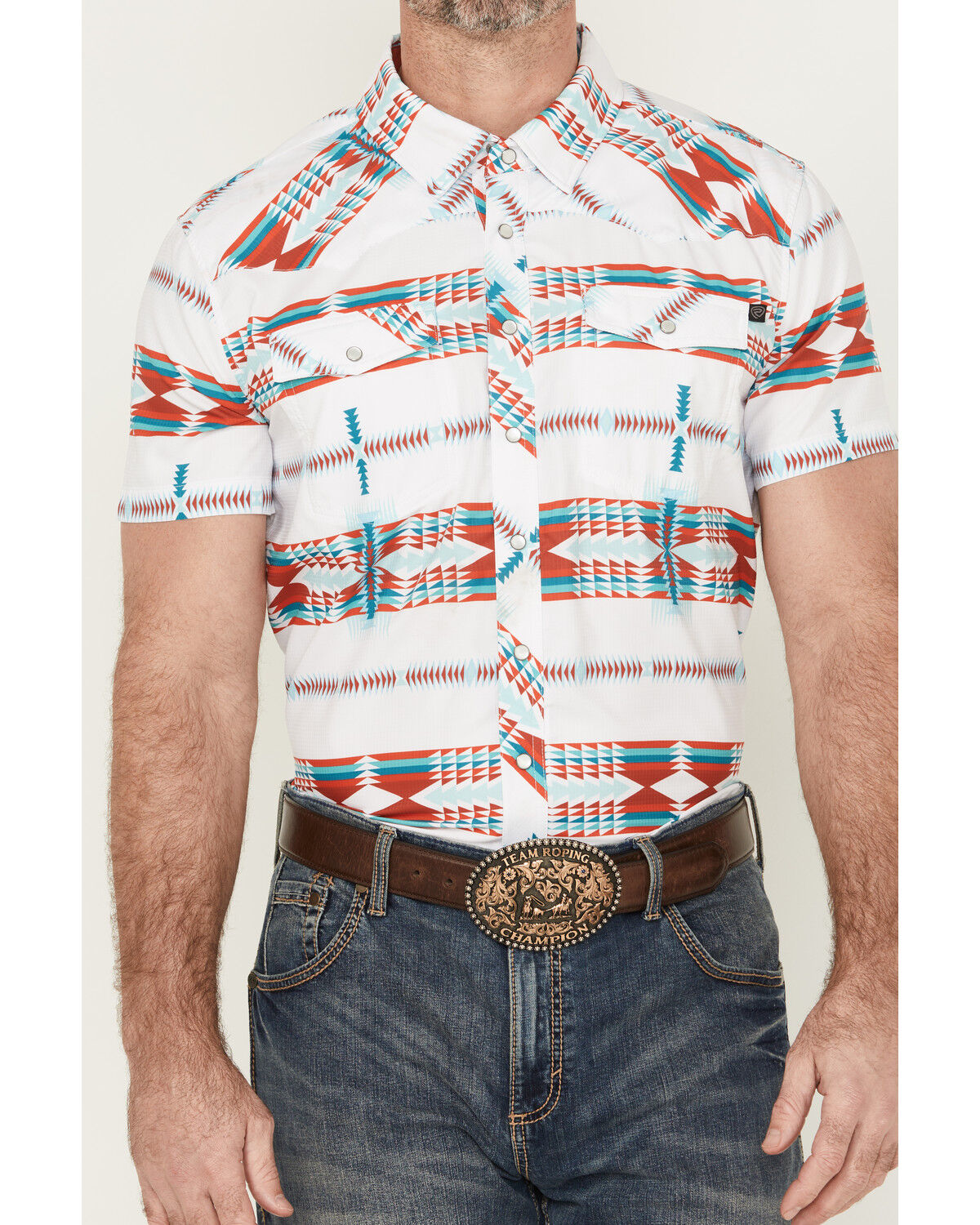 Image #3 - Rock & Roll Denim Men's Tek Southwestern Striped Short Sleeve Pearl Snap Western Shirt, White, hi-res