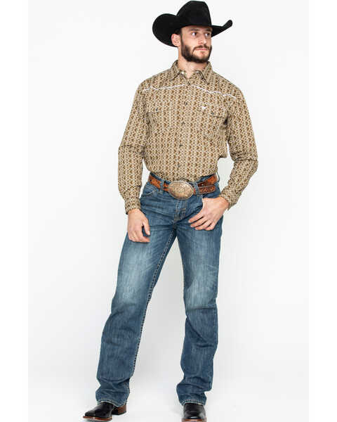 Image #6 - Cowboy Hardware Men's Double Diamond Print Long Sleeve Western Shirt , Tan, hi-res