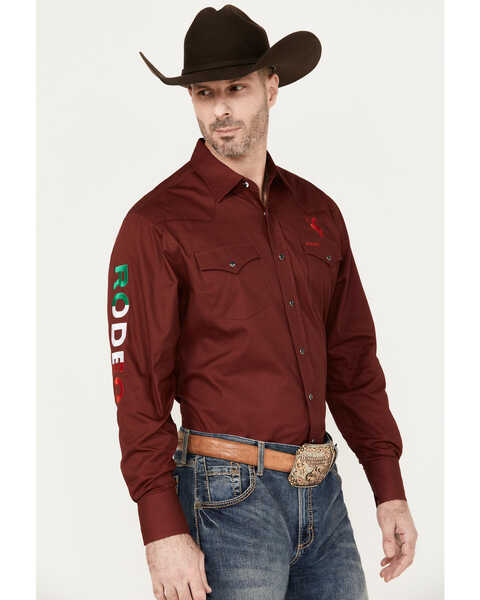 Rodeo Clothing Men's Mexico Logo Long Sleeve Western Snap Shirt, Burgundy, hi-res