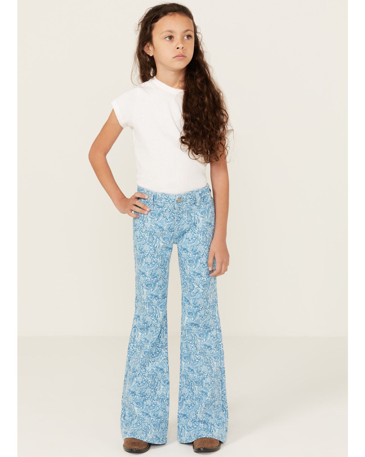Panhandle Girls' Tooled Button Flare Stretch Denim Jeans, Blue, hi-res