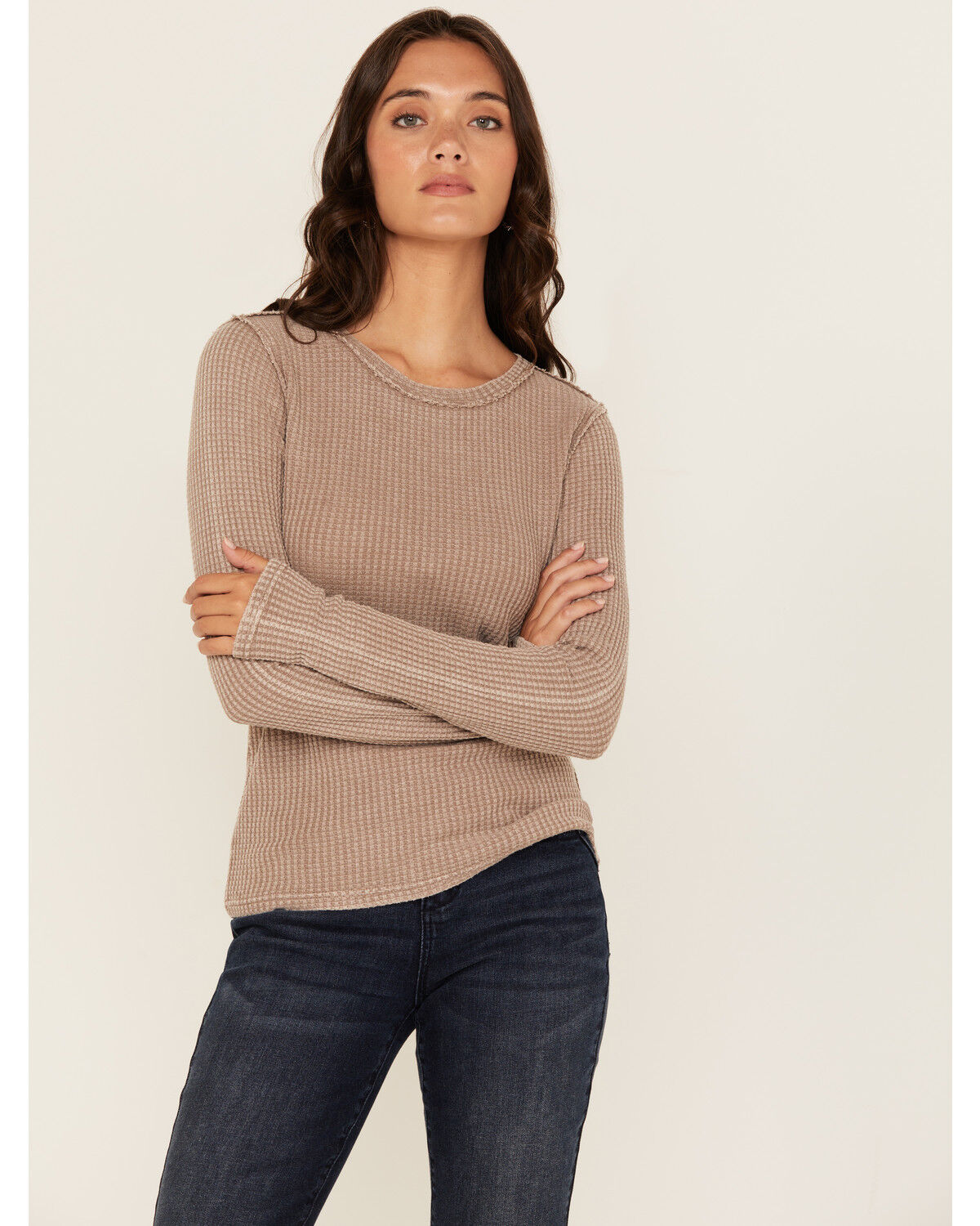 Image #1 - White Crow Women's Solid Long Sleeve Waffle Knit Shirt, Brown, hi-res