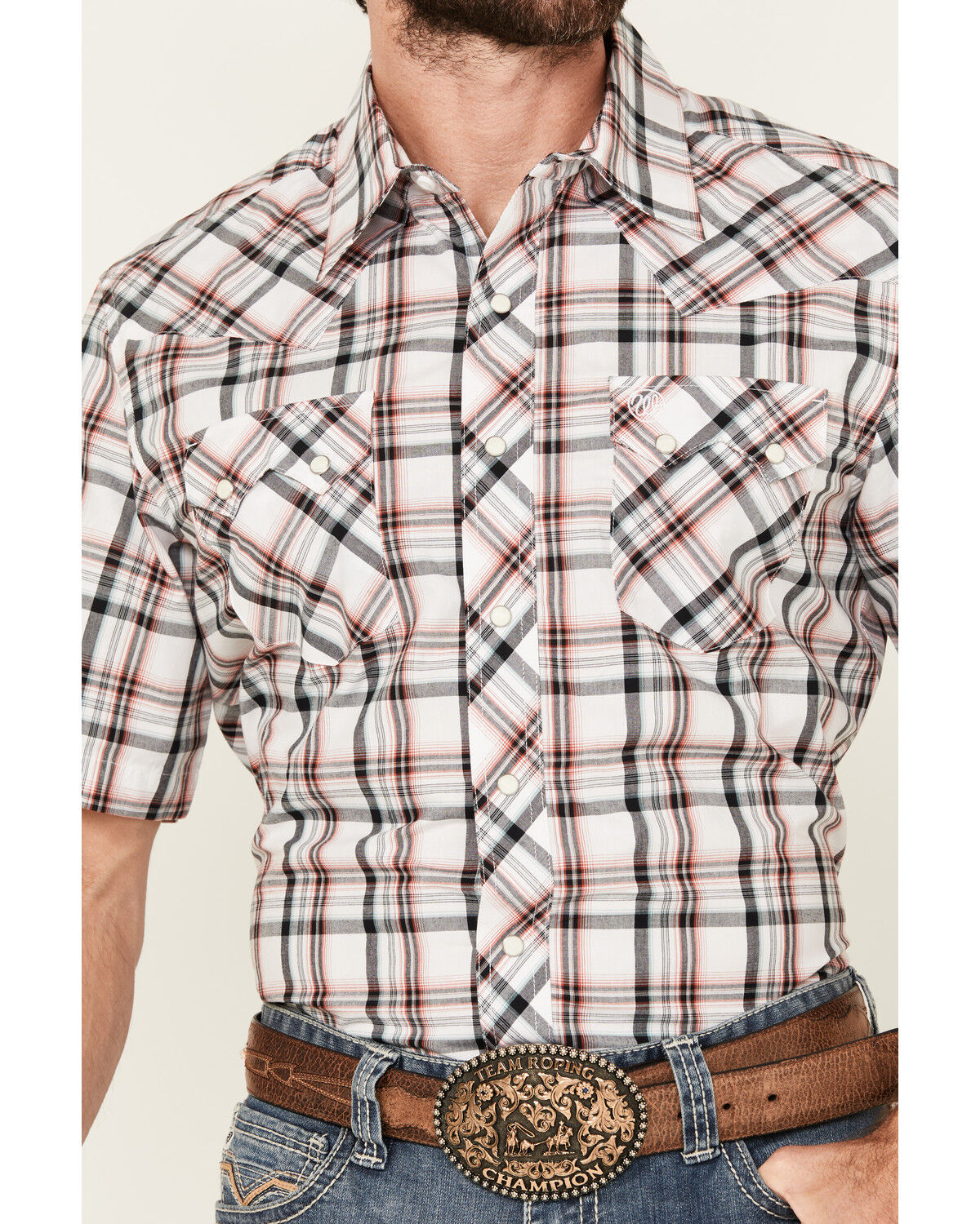 Image #2 - Wrangler Retro Men's Plaid Print Short Sleeve Snap Western Shirt, White, hi-res