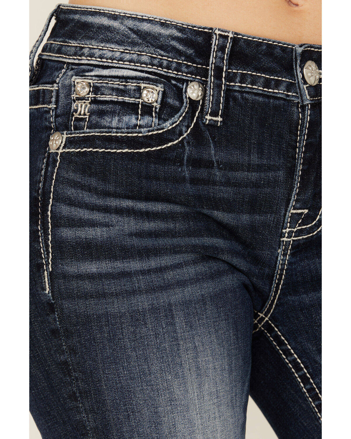 Image #4 - Miss Me Women's Dark Wash Mid Rise Angel Wing Cross Pocket Bootcut Stretch Denim Jeans, Dark Wash, hi-res