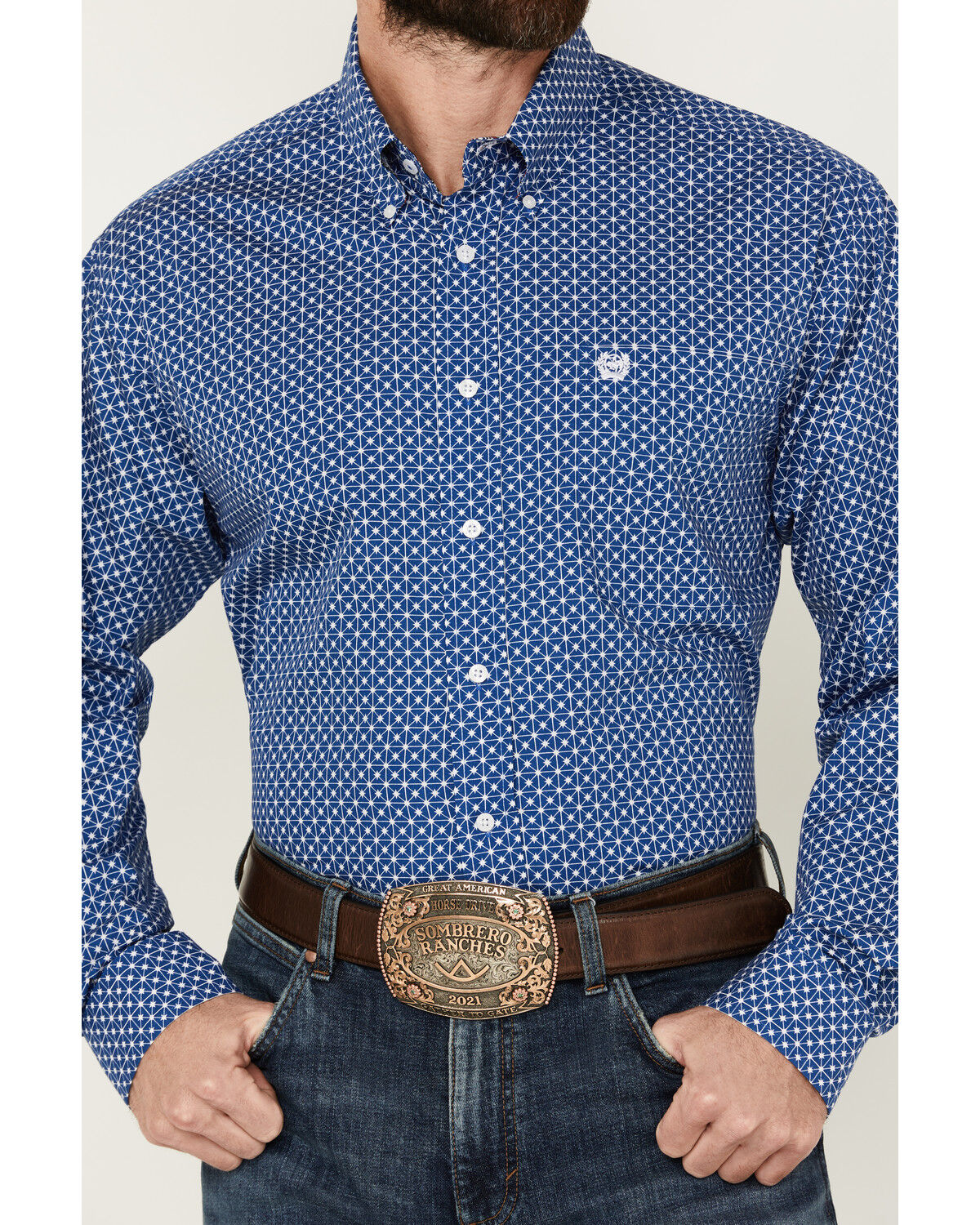 Image #3 - Cinch Men's Geo Print Long Sleeve Button-Down Western Shirt, Royal Blue, hi-res