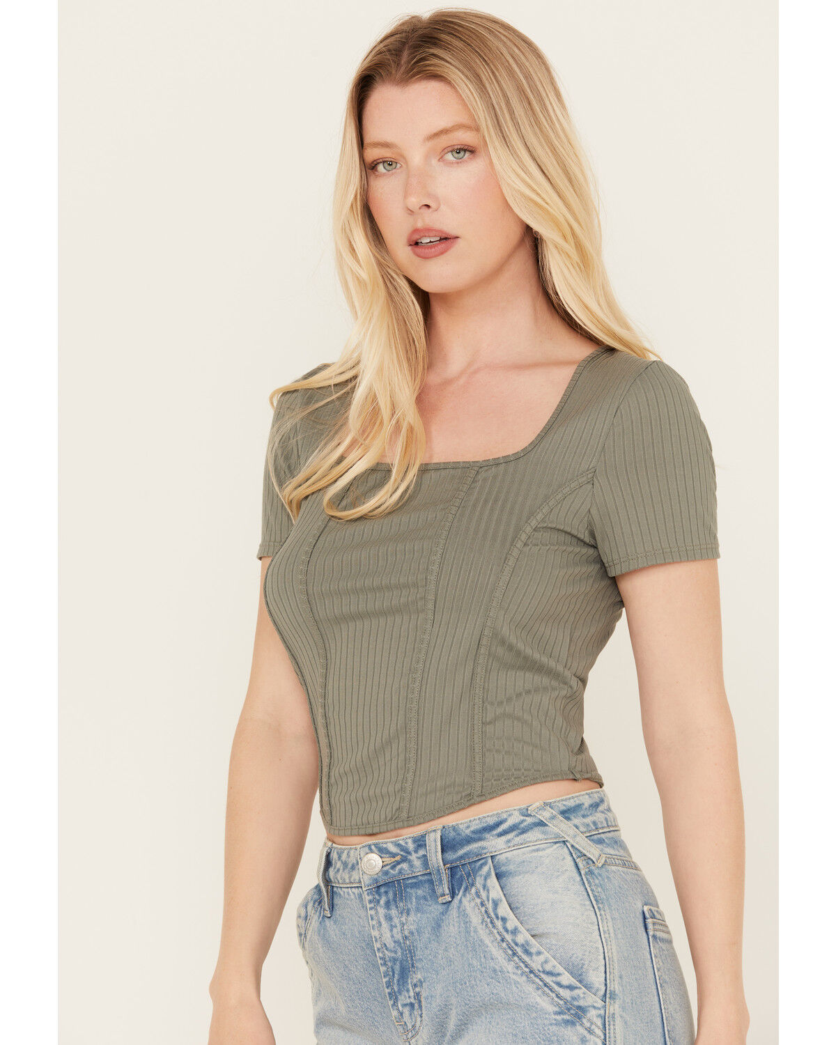 Image #2 - Moa Moa Women's Ribbed Corset Style Short Sleeve Top, Sage, hi-res