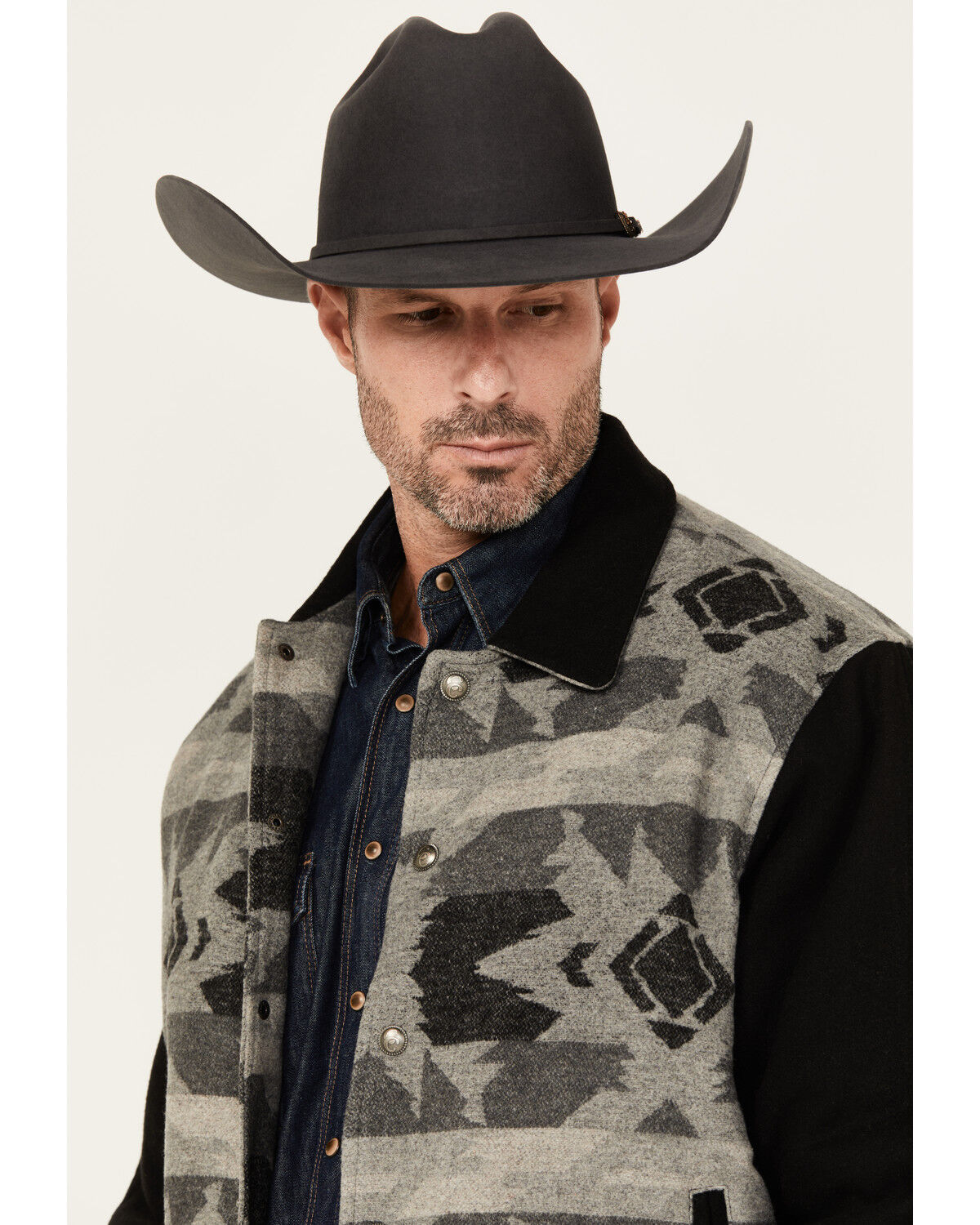 Image #2 - Cripple Creek Men's Southwestern Print Wool Bomber Jacket, Black, hi-res
