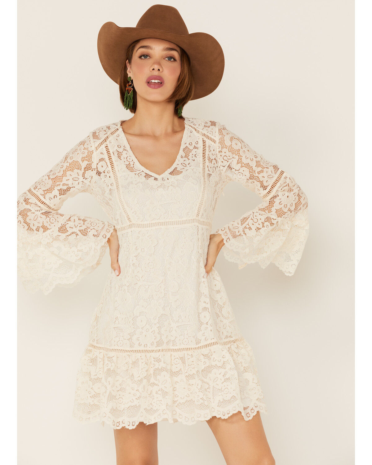 Image #1 - Honey Creek By Scully Women's Lace Crochet Long Sleeve Mini Dress, Ivory, hi-res