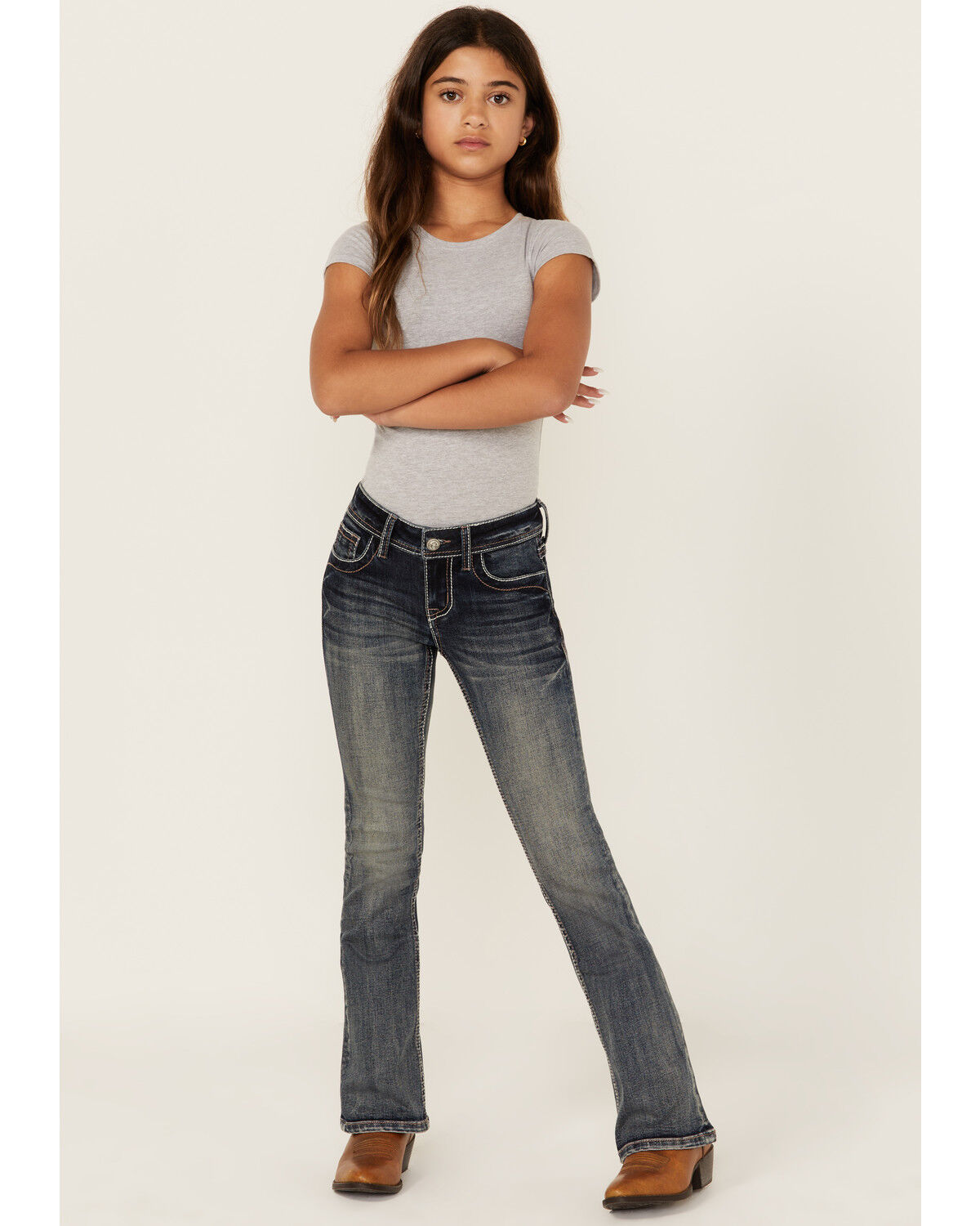 Image #3 - Grace in LA Girls' Dark Wash Steerhead Embroidered Pocket Bootcut Stretch Denim Jeans, Dark Wash, hi-res