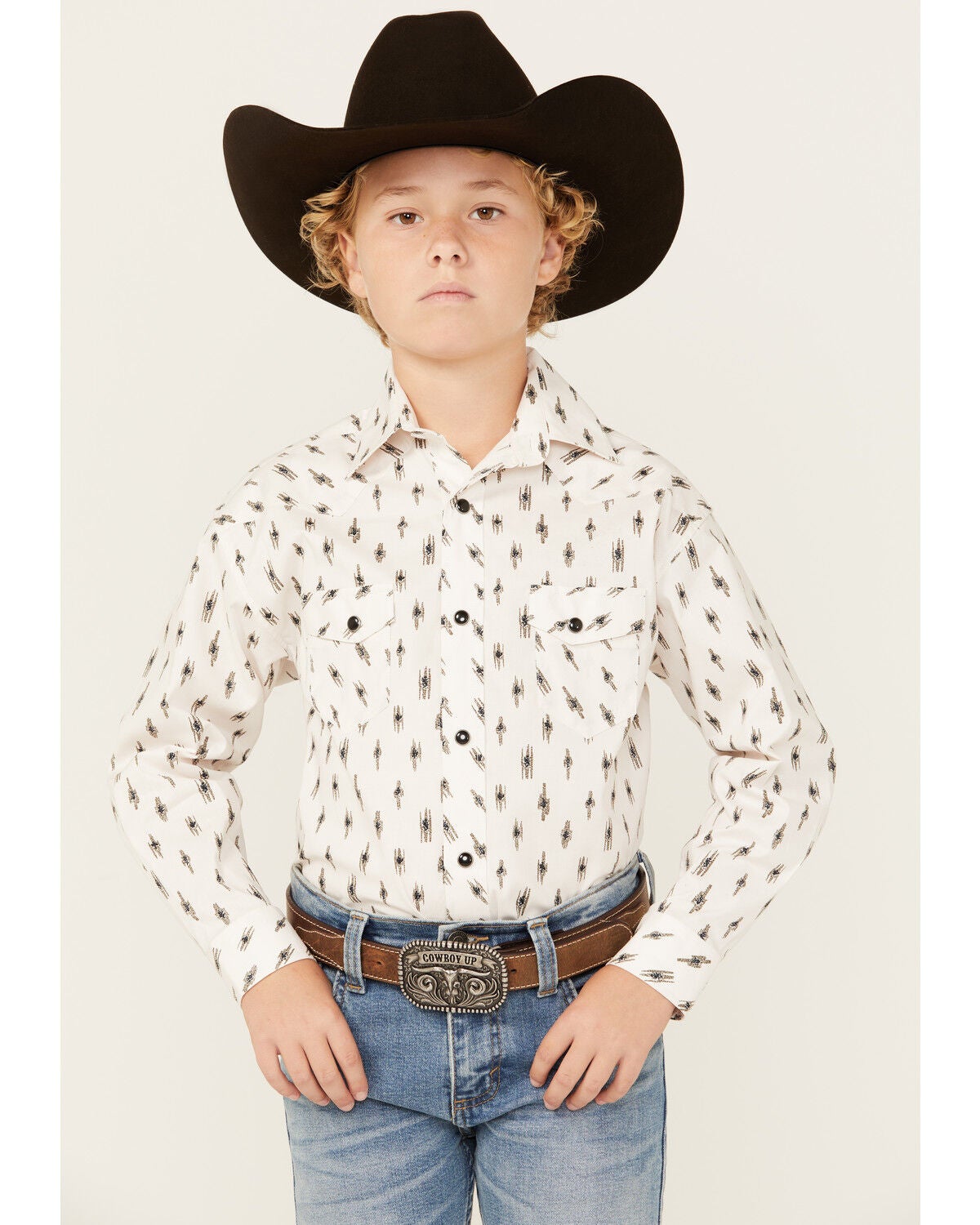 Rock & Roll Denim Boys' Abstract Geo Print Long Sleeve Snap Stretch Western Shirt, White, hi-res