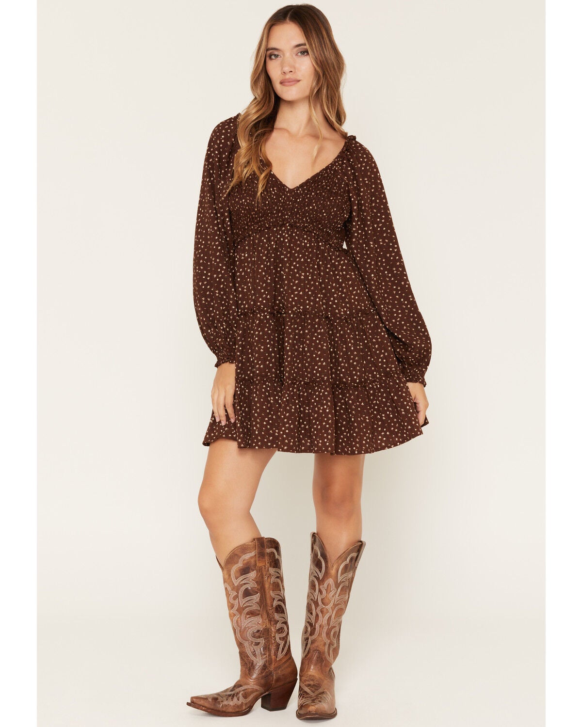Yura Women's Floral Print Long Sleeve Mini Dress, Brown, hi-res