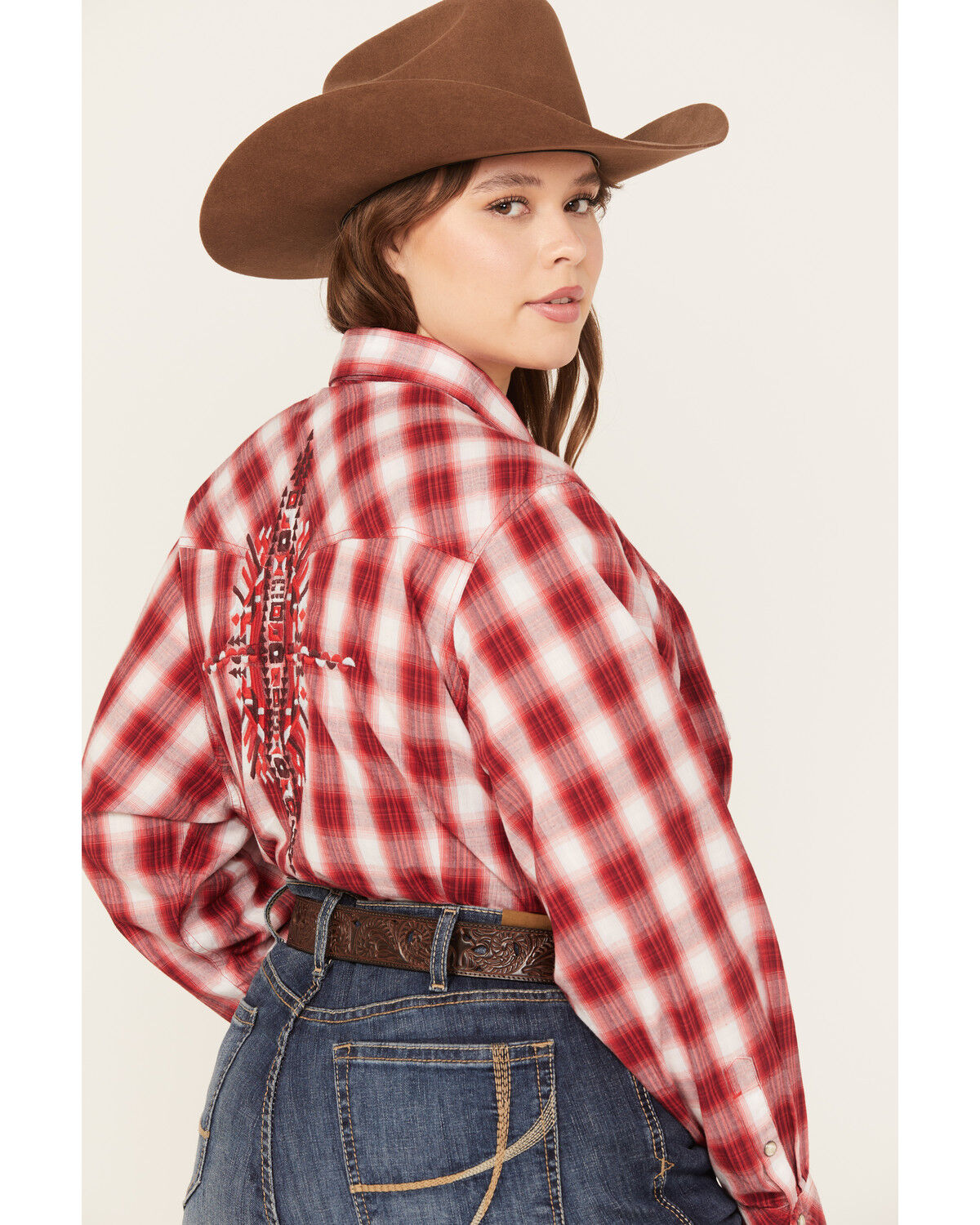 Image #4 - Ariat Women's Embroidered Plaid Print Long Sleeve Western Pearl Snap Shirt - Plus, Red, hi-res