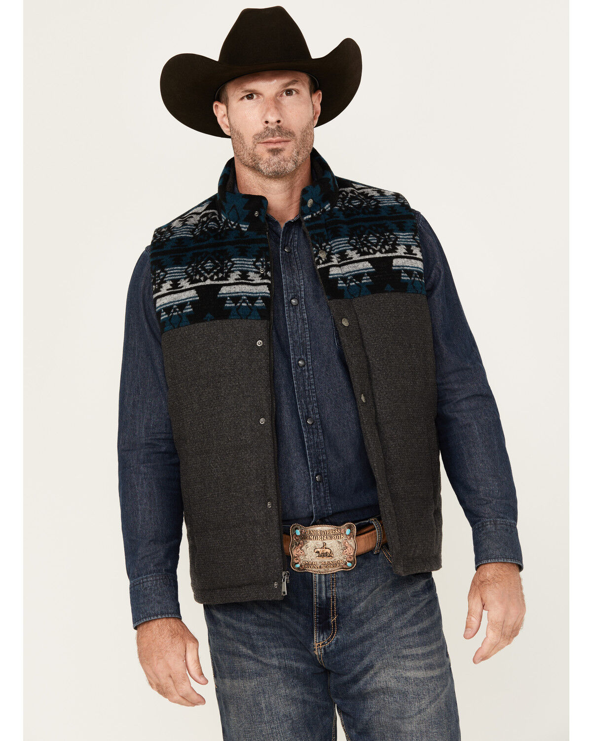 Image #1 - Cody James Men's Southwestern Print Yoke Wool Vest, Black, hi-res