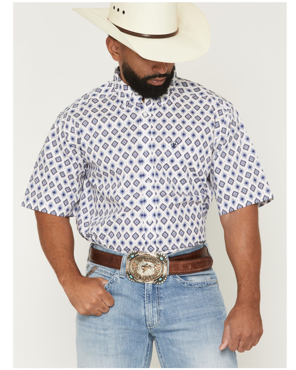 Image #1 - Ariat Men's Baxter Southwestern Print Short Sleeve Button-Down Western Shirt - Big, White, hi-res