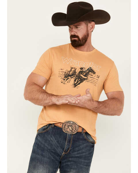 Image #1 - Wrangler Men's Boot Barn Exclusive Horse Logo Short Sleeve Graphic T-Shirt, Gold, hi-res