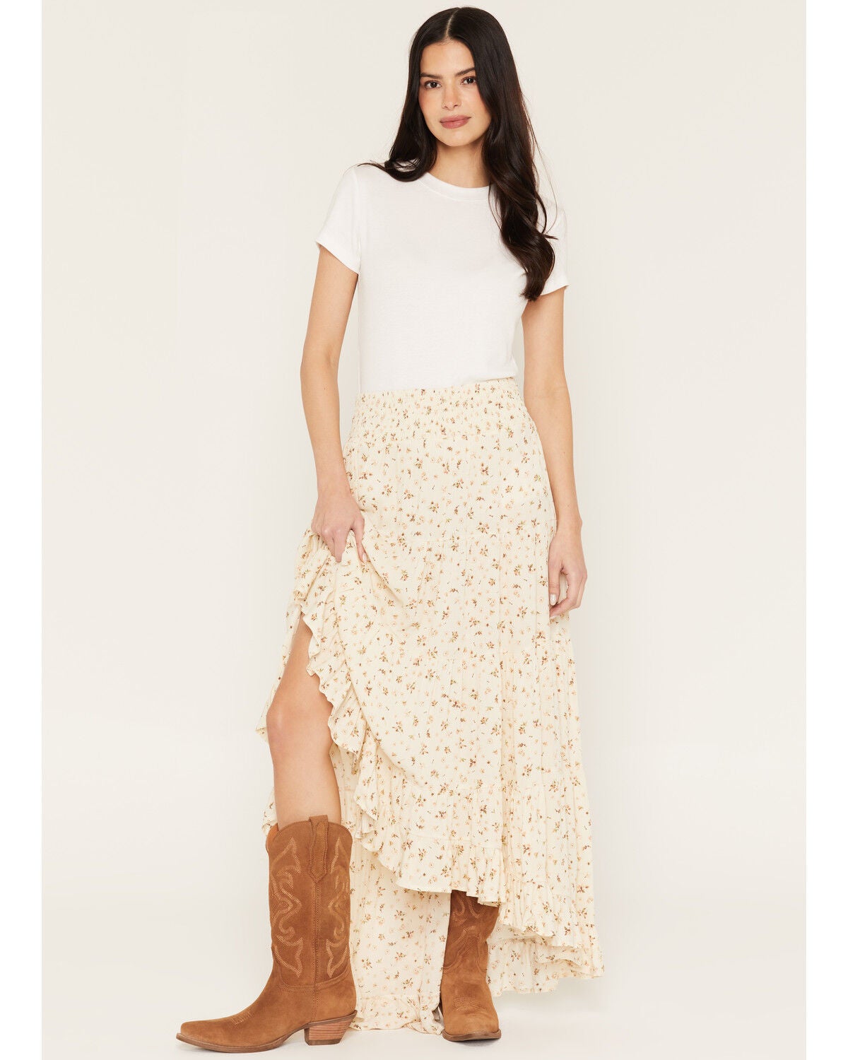 Image #1 - Wild Moss Women's Floral Print High-Low Midi Skirt, Cream, hi-res