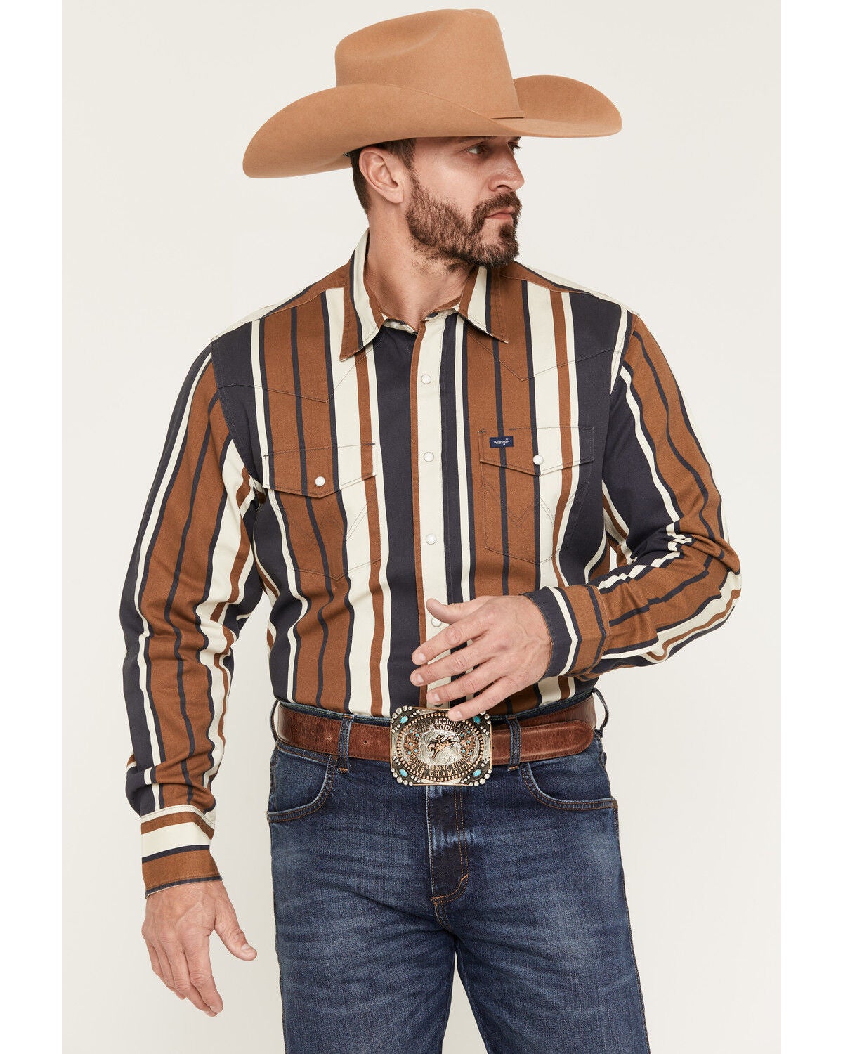 Wrangler Men's Vintage Brushpopper Striped Print Long Sleeve Snap Western Shirt, Brown, hi-res