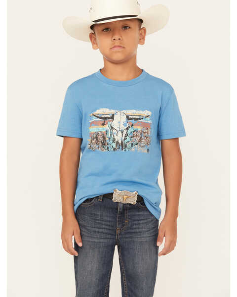 Rock & Roll Denim Boys' Desert Bull Skull Short Sleeve Graphic T-Shirt , Blue, hi-res