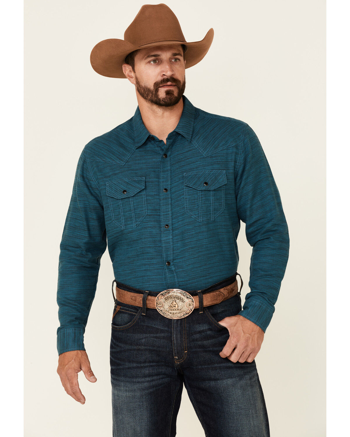 Image #1 - Cody James Men's Ride On Solid Long Sleeve Snap Western Shirt, Turquoise, hi-res