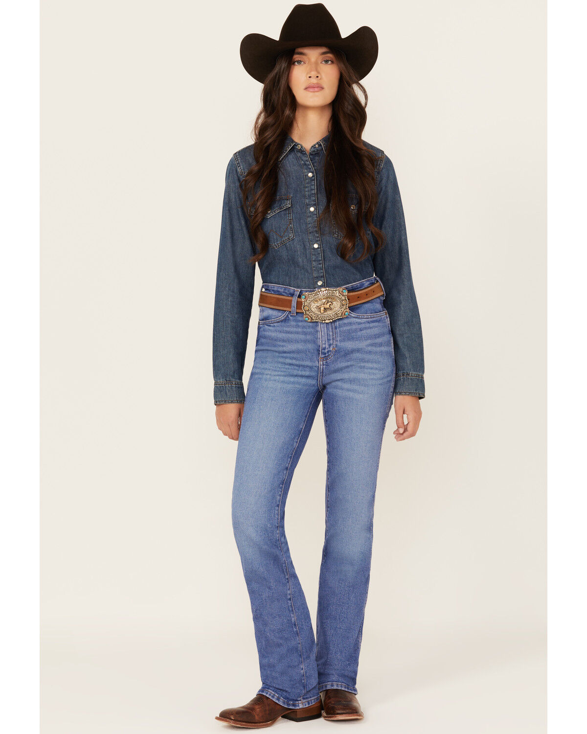 Image #1 - Wrangler Retro Women's Hollyn Medium Wash High Rise Bootcut Stretch Denim Jeans, Medium Wash, hi-res
