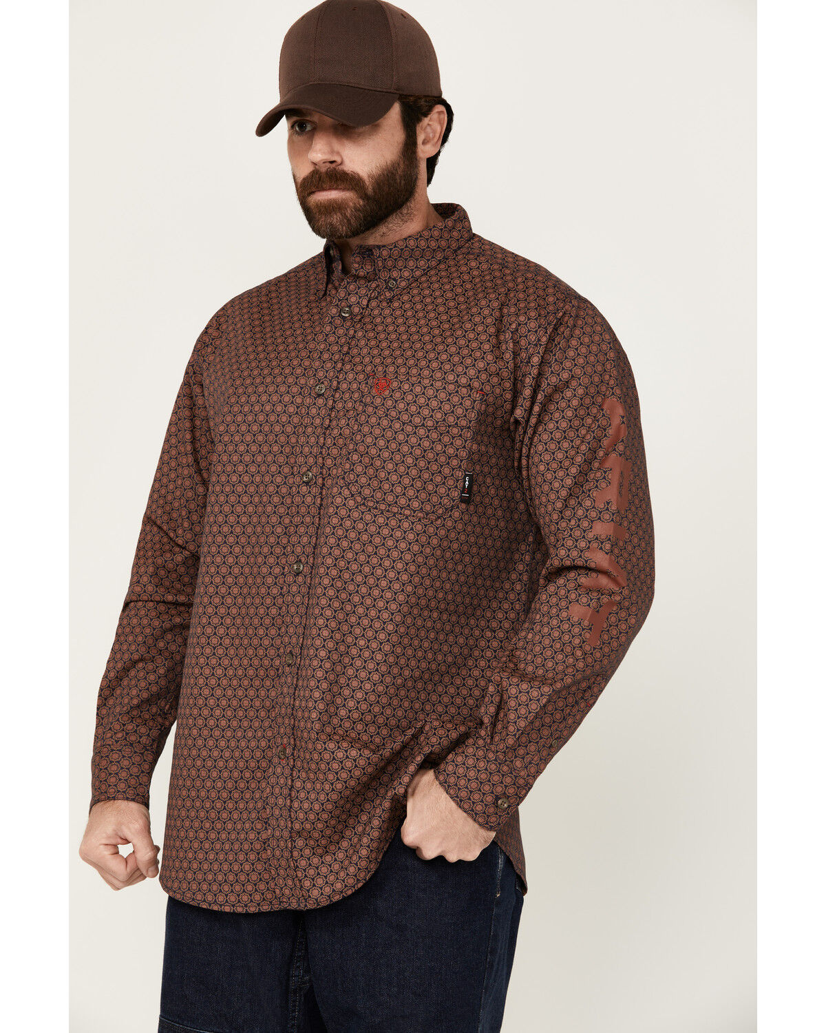 Image #1 - Ariat Men's FR Adirondack Geo Print Long Sleeve Button-Down Western Work Shirt, Red, hi-res