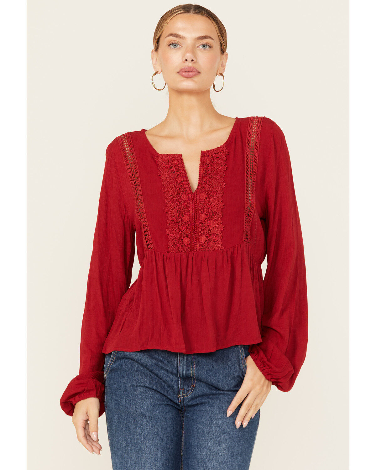 Image #1 - Wild Moss Women's Crochet Trim Top, Red, hi-res
