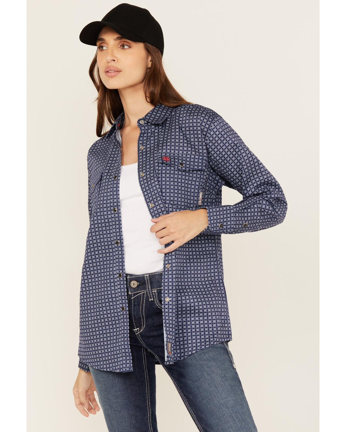 Image #1 - Ariat Women's FR Beverly Geo Print Long Sleeve Snap Work Shirt, Navy, hi-res