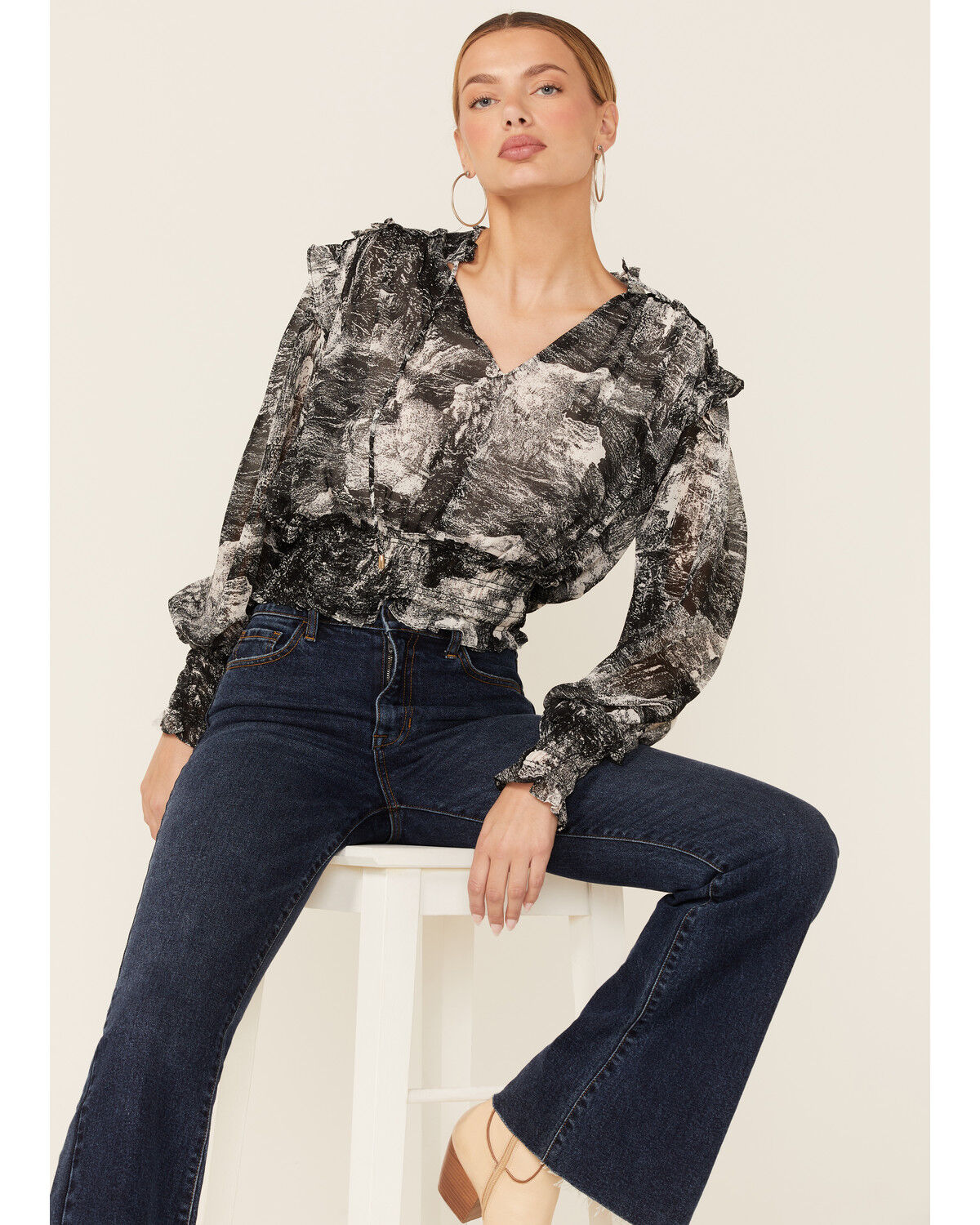 Image #1 - Revel Women's Toile Print Smocked Long Sleeve Top, Black, hi-res