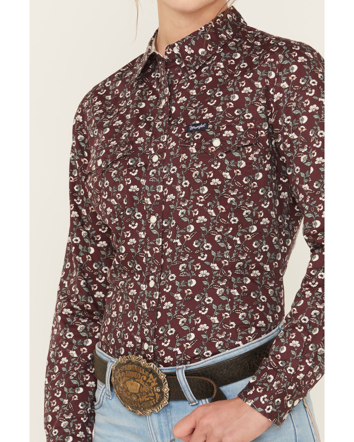 Image #3 - Wrangler Retro Women's Floral Print Long Sleeve Snap Western Shirt, Burgundy, hi-res