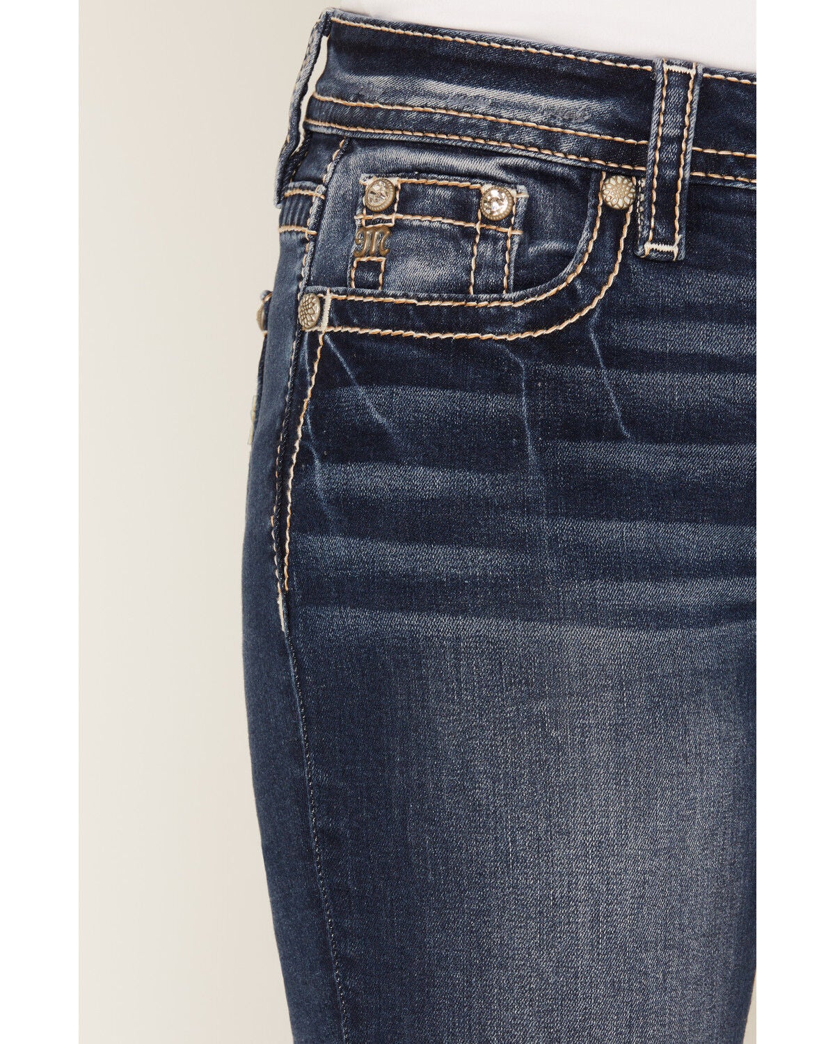 Image #4 - Miss Me Women's Dark Wash Mid Rise Fleur de Lis 32" Bootcut Stretch Denim Jeans, Dark Wash, hi-res
