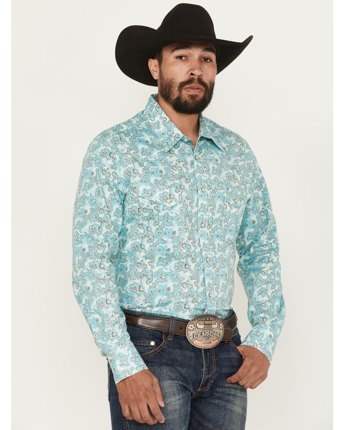 Image #1 - Rock & Roll Denim Men's Paisley Print Long Sleeve Snap Stretch Western Shirt, Turquoise, hi-res