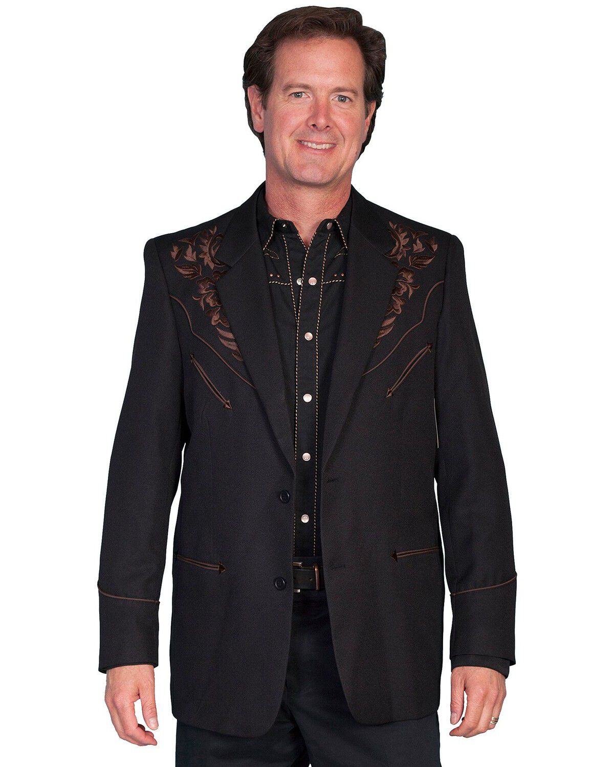 Image #1 - Scully Black Floral Embroidered Western Jacket, Chocolate, hi-res
