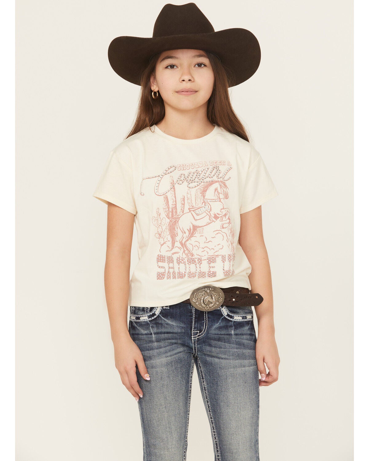 Shyanne Girls' Shoulda Been A Cowgirl Short Sleeve Graphic Tee, Off White, hi-res