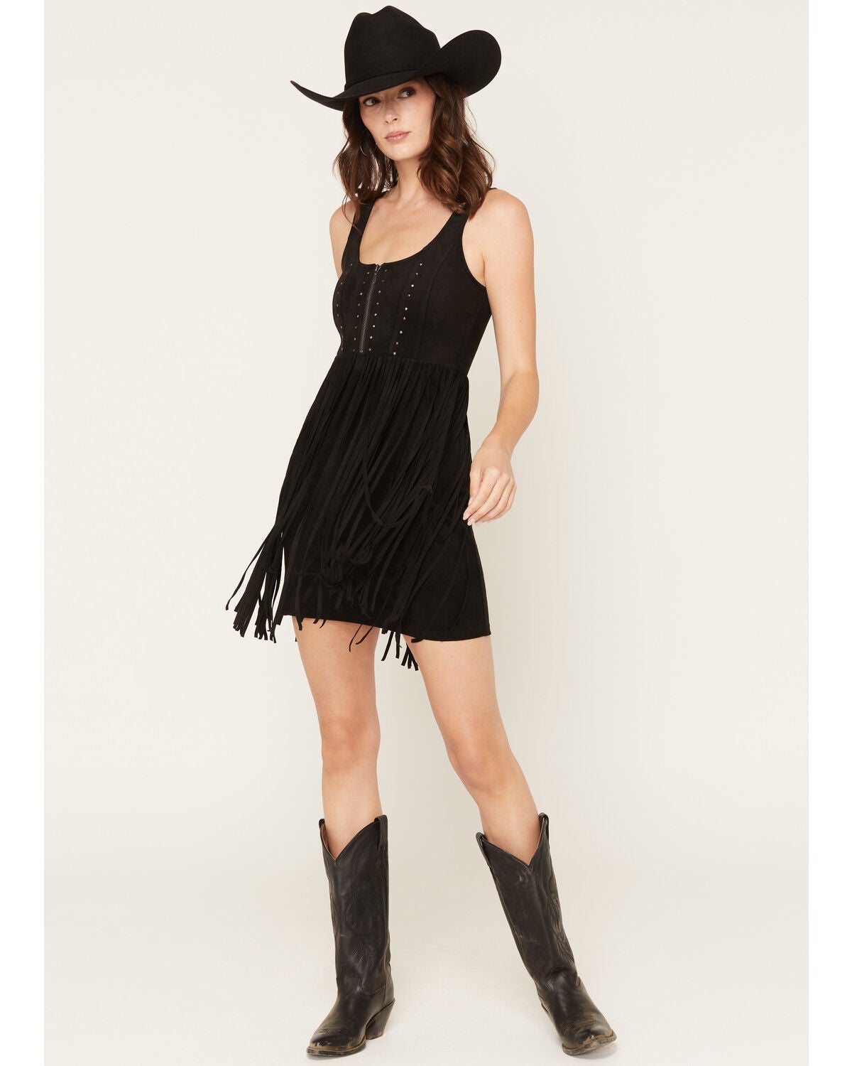 Idyllwind Women's Zilnez Faux Suede Studded Fringe Mini Dress, Black, hi-res