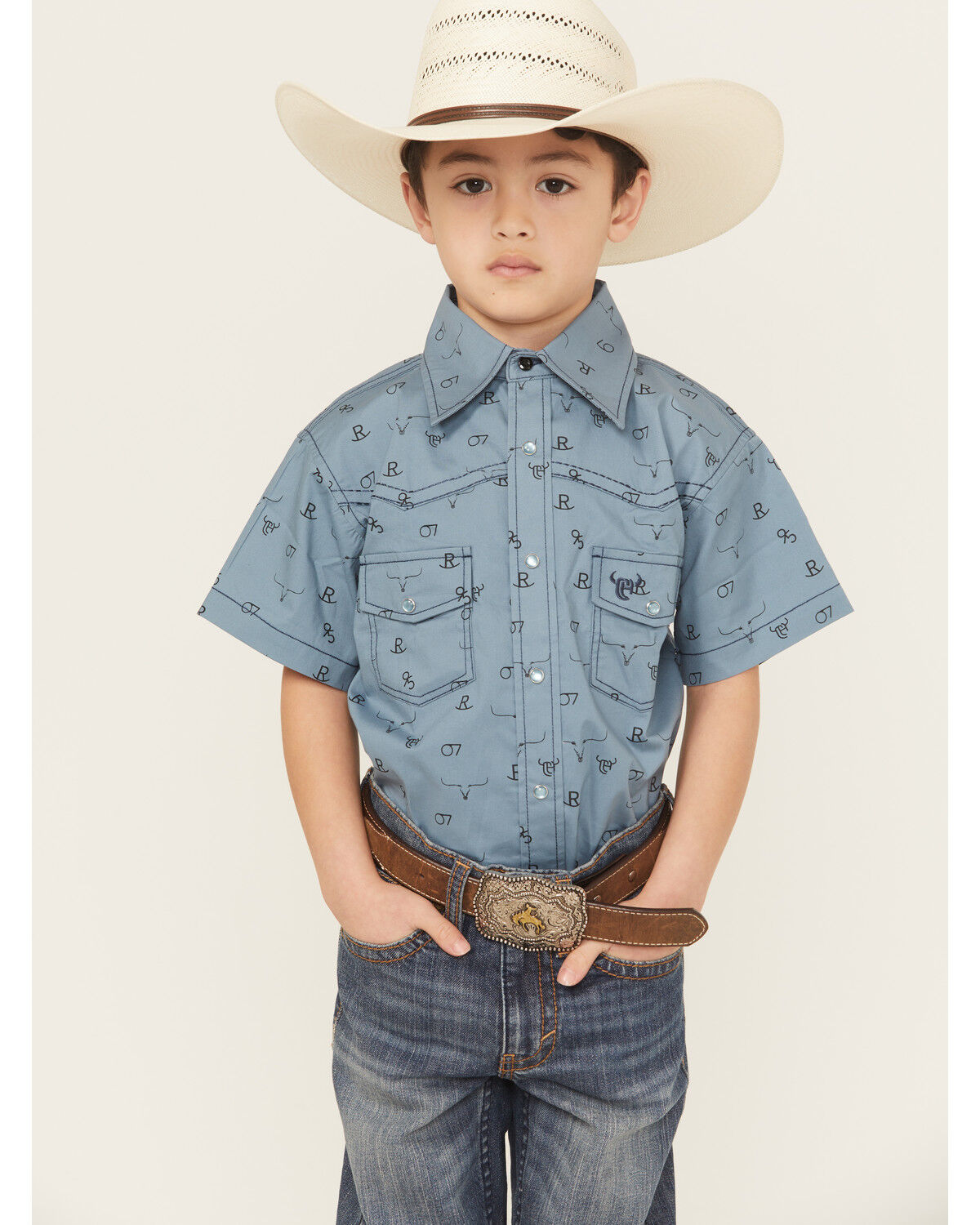 Image #1 - Cowboy Hardware Boys' Branding Iron Short Sleeve Snap Western Shirt, Blue, hi-res