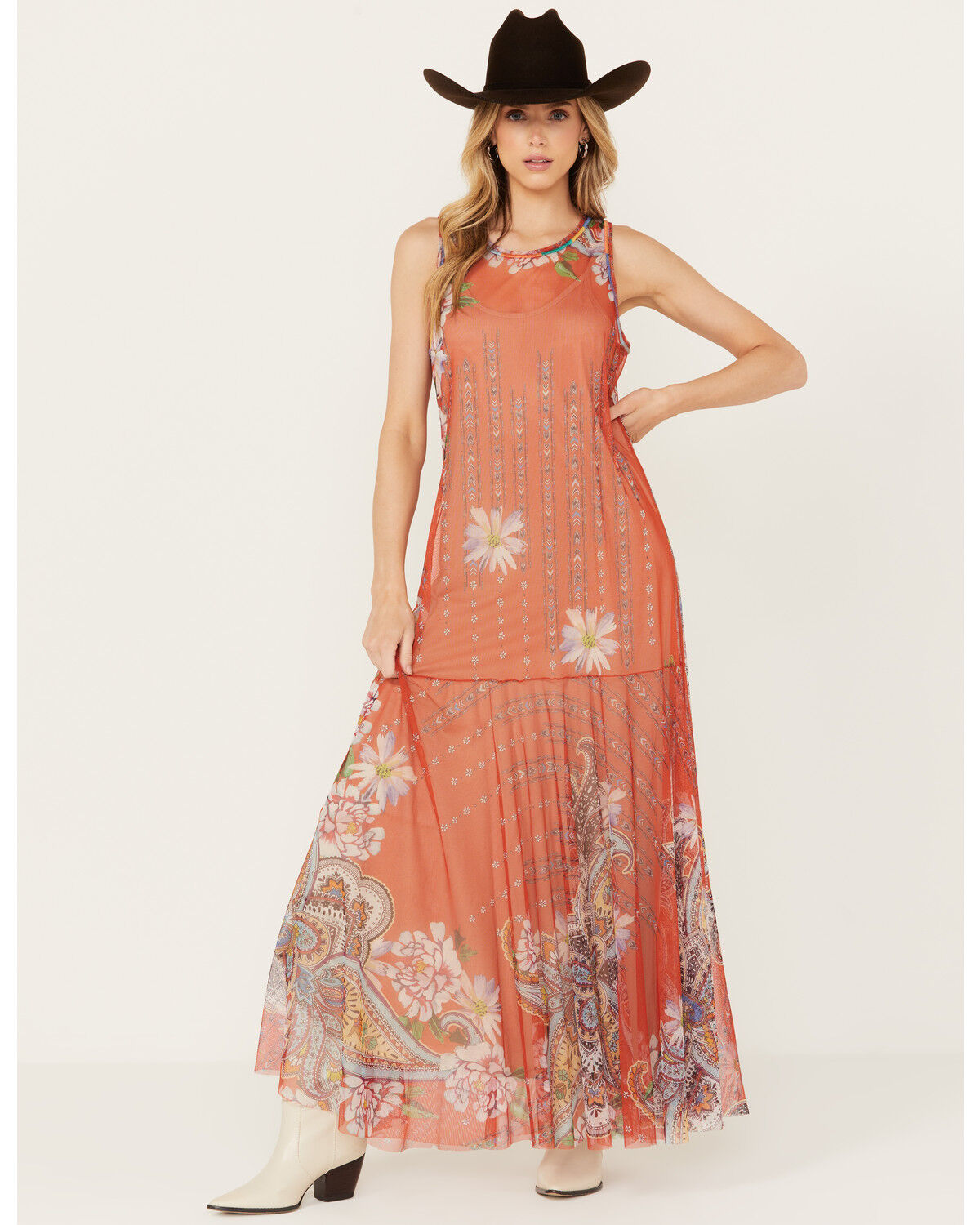 Image #1 - Johnny Was Women's Paisley Print Mesh Slip Maxi Dress, Multi, hi-res