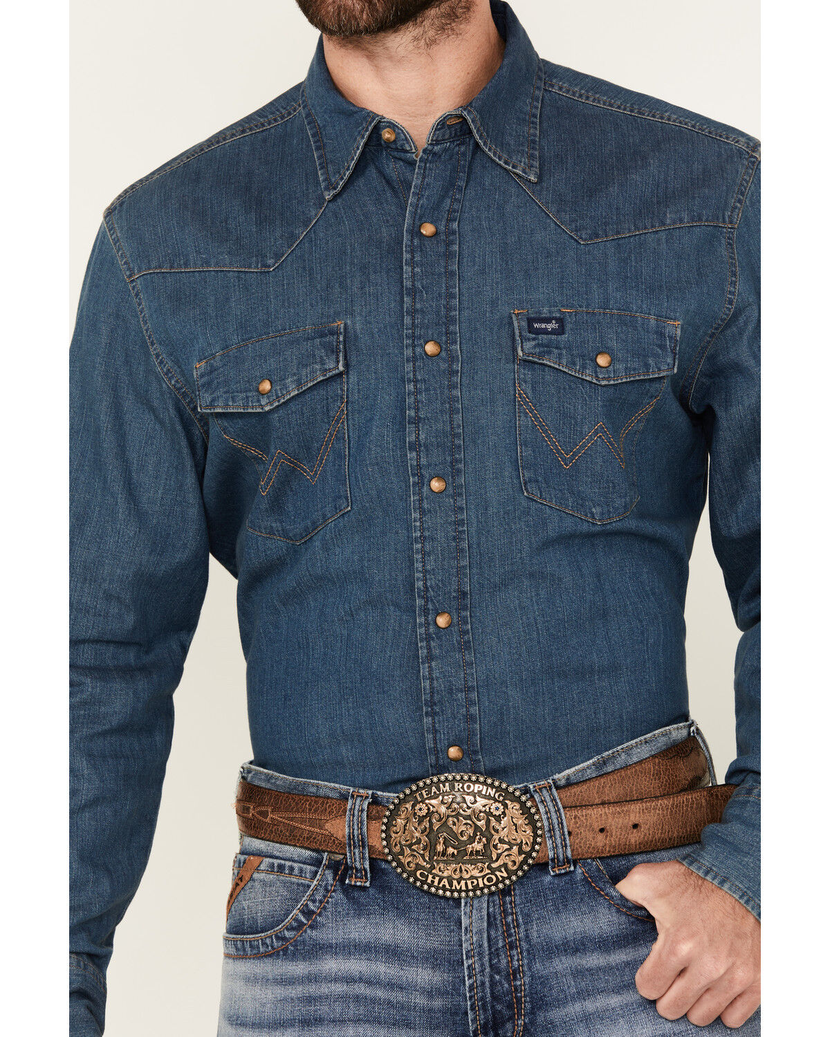 Image #3 - Wrangler Men's Dark Wash Denim Long Sleeve Snap Western Shirt, Dark Wash, hi-res