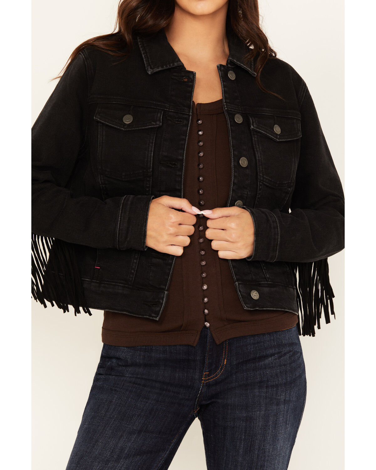 Image #3 - Idyllwind Women's Outlaw Fringe Trucker Jacket, Black, hi-res