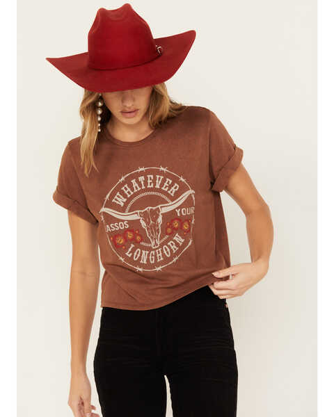 Youth in Revolt Women's Whatever Lassos Your Longhorn Short Sleeve Graphic Tee, Brown, hi-res