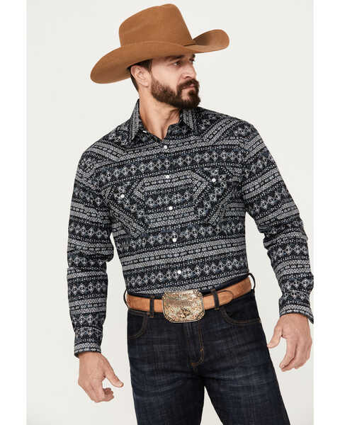 Rough Stock by Panhandle Men's Southwestern Stretch Long Sleeve Western Pearl Snap Shirt, Black, hi-res