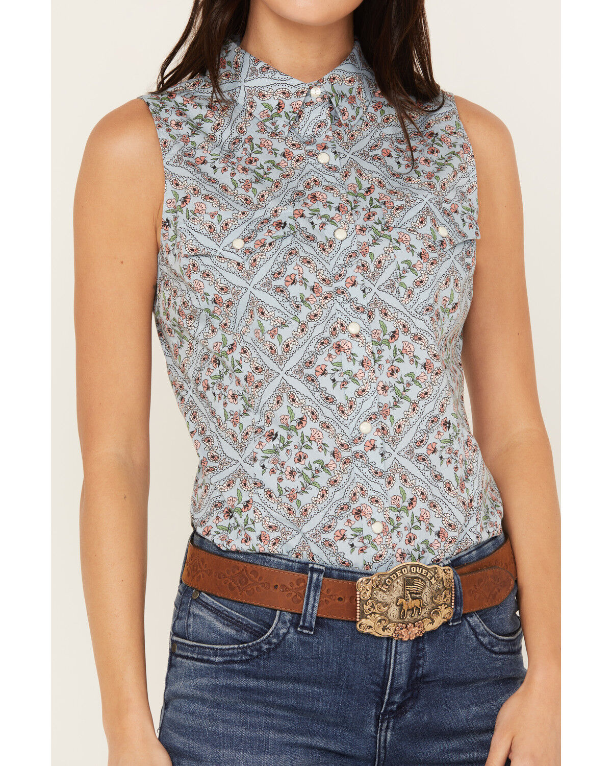 Image #3 - Wrangler Women's Floral Paisley Print Woven Sleeveless Snap Western Shirt, Blue, hi-res
