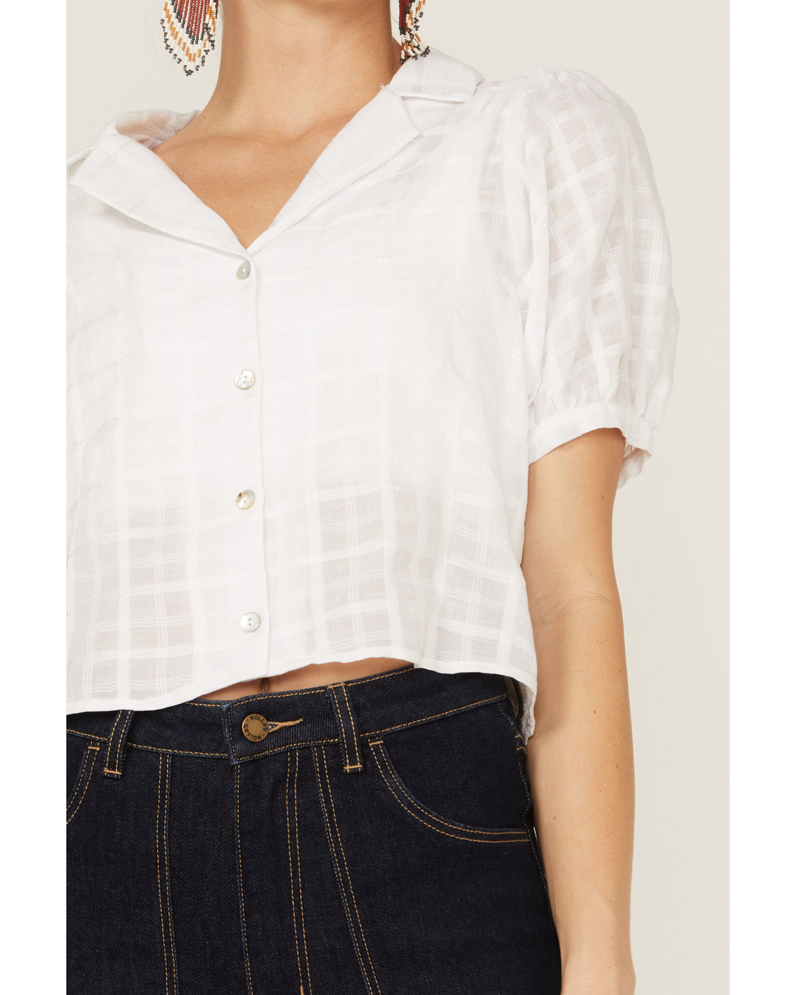 Image #2 - Wild Moss Women's Puff Sleeve Shadow Plaid Print Button Front Blouse, White, hi-res